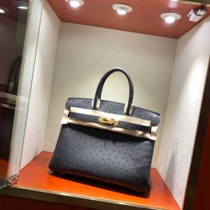 Hermes女包 愛馬仕Birkin30cm Hermes鉑金包 Ostrich鴕鳥皮 全手縫蠟線 19 Mousse慕斯灰  am1902