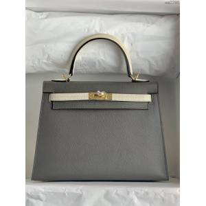 Hermesn凱莉包 愛馬仕Kelly手提女包 Kelly拼色女包 epsom皮 錫器灰拼奶昔白  am2290