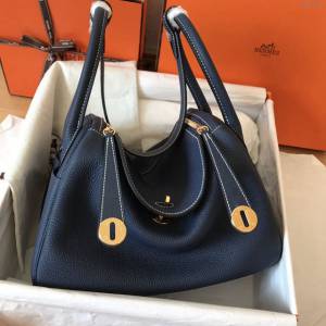 Hermes女包 愛馬仕手提包 進口頂級小牛皮 Lindy包 7K寶石藍 金扣 大小號  td1209