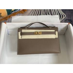 Hermes手提女包 愛馬仕kelly pochette一代 epsom皮 大象灰金扣  tdh2003