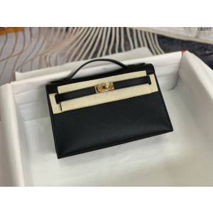 Hermes手提女包 愛馬仕kelly pochette一代 epsom皮 黑色金扣  tdh2007