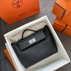 Hermes女包 愛馬仕kelly2424 黑色 銀扣 Hermes休閒手提女包  tdh2144