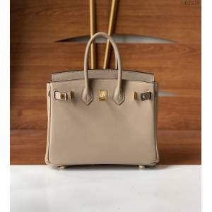 Hermes女包 愛馬仕Birkin25 swift皮 手工縫製 淺灰金扣 Hermes鉑金手提包  tdh2155