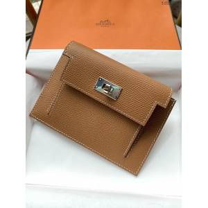 Hermes卡包 愛馬仕原版Kelly Pocket Epsom皮 Hermes新款小錢包 金棕銀扣  tdh2166
