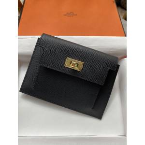 Hermes卡包 愛馬仕原版Kelly Pocket Epsom皮 Hermes新款小錢包 黑金  tdh2168