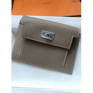 Hermes卡包 愛馬仕原版Kelly Pocket Epsom皮 Hermes新款小錢包 大象灰銀扣  tdh2171