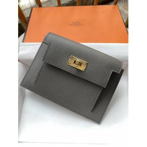 Hermes卡包 愛馬仕原版Kelly Pocket Epsom皮 Hermes新款小錢包 錫器灰金扣  tdh2175