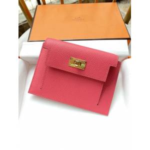Hermes卡包 愛馬仕原版Kelly Pocket Epsom皮 Hermes新款小錢包 唇膏粉金扣  tdh2176