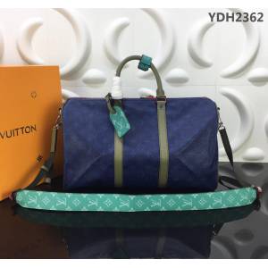 路易威登LV 頂級原單 2018春夏時裝展新品 M43855 KEEPALL45B旅行袋 海藍色Monogram帆布搭配Taiga皮革 可手提肩背包  YDH2362
