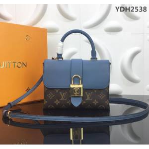 路易威登LV 新款 老花配皮 頂級原單 M44321牛仔藍色 Locky BB手袋 金色LV掛鎖鎖扣 Toron手柄 手提肩背斜挎包  YDH2538
