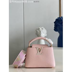 LV專櫃2023新款荔枝紋牛皮手提女包 M59597粉色 路易威登Capucines迷你手袋 dn1078