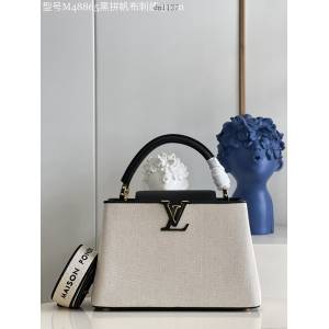 LV專櫃2023新款Capucines MM手袋 M48865黑拼帆布刺繡 路易威登Capucines搭蓋手提肩背女包 dn1127