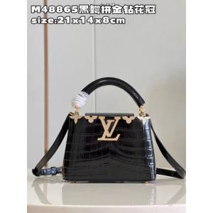 LV專櫃2023新款鱷魚紋手提肩背女包 M48865黑鱷拼金鑽花冠 路易威登Capucines迷你手袋 dn1171