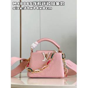 LV專櫃2023新款Capucines迷你手袋 M48865淺粉環扣鏈條款 路易威登Taurillon皮革手提肩背女包 dn1248