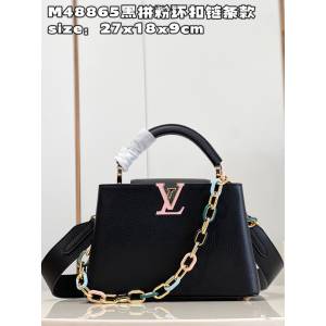 LV專櫃2023新款Capucines BB手袋 M48865黑拼粉環扣鏈條款 路易威登Taurillon皮革手提肩背女包 dn1255