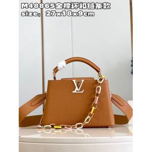 LV專櫃2023新款Capucines BB手袋 M48865金棕環扣鏈條款 路易威登Taurillon皮革手提肩背女包 dn1258