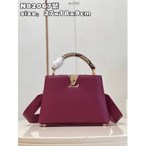 LV專櫃2023新款粒面Taurillon皮革手提肩背女包 N82067紫 路易威登Capucines BB手袋 dn1293