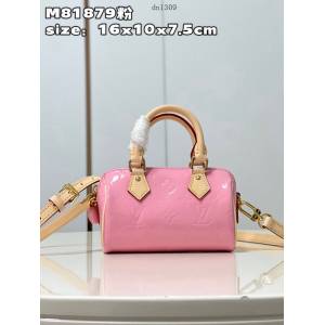 LV專櫃2023新款Nano Speedy手袋 M81879粉 路易威登Monogram Vernis壓紋漆面牛皮手提女包 dn1309