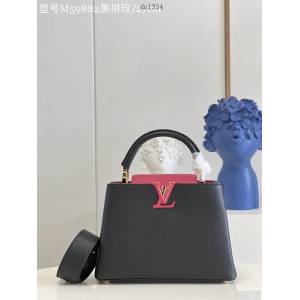 LV專櫃2023新款Capucines BB手袋 M59882黑拼玫 路易威登黑色小牛皮手提肩背包 dn1354