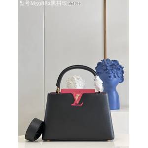 LV專櫃2023新款Capucines MM手袋 M59882黑拼玫 路易威登黑色小牛皮手提肩背包 dn1355
