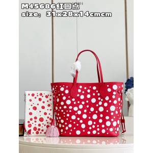 LV專櫃2023新款LV x YK Neverfull中號手袋 M45686紅圓點 路易威登壓紋牛皮購物袋子母包 dn1364