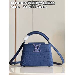 LV專櫃2023新款Capucines迷你手袋 M48865霧藍鱷魚拼藍鑽 路易威登手提肩背女包 dn1381