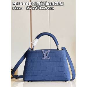 LV專櫃2023新款Capucines BB手袋 M48865霧藍鱷魚拼藍鑽 路易威登手提肩背女包 dn1382