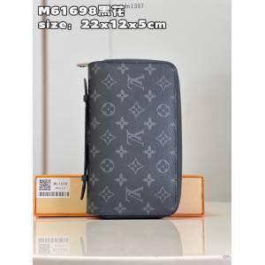 LV專櫃2023新款Zippy大號錢夾 M61698黑花 路易威登黑色花男士拉鏈差長錢包 dn1387