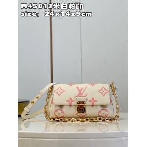 LV專櫃2023新款Favorite手袋 M45813米白粉印 路易威登壓紋皮革腋下單肩斜挎女包 dn1422