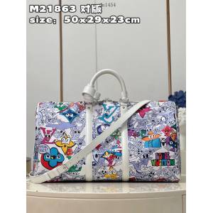LV專櫃2023新款Keepall Bandoulière 50旅行袋 M21863對版 路易威登描繪 Monogram 圖案卡通形象旅行包 dn1454