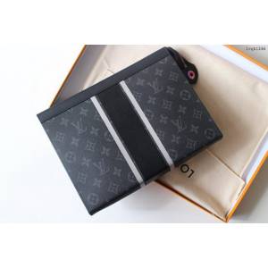 lv手包 Pochette Voyage中號手袋 M64440灰色老花 lv黑花男士手拿包  lvqb1246