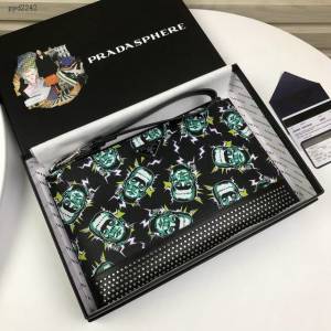 prada手包 普拉達新款皮革手拿包 2NH005 PRADA十字紋牛皮黑色手拿包  pyd2242