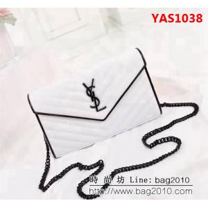 YSL聖羅蘭 黑白配魚子醬牛皮V紋刺繡 鏈條包 26813 YAS1038
