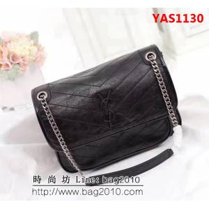 YSL聖羅蘭 專櫃對版爆款 爆裂抓皺皮黑色鏈條包 498895 YAS1130