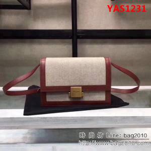 YSL聖羅蘭 米色亞麻帆布 幹邑色真皮挎包 正面翻蓋包 YAS1231