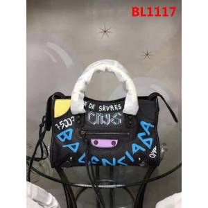 BALENCIAG巴黎世家 歐洲水貨 Balenciaga city小黑釘 限量原廠爆裂紋羊皮黑白塗鴉 手提包  BL1117