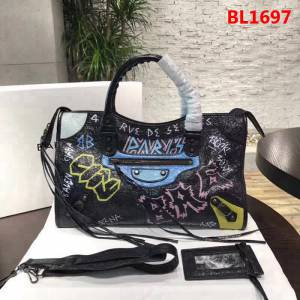 BALENCIAG巴黎世家 Balenciaga city 機車包 限量 原廠爆裂紋羊皮 塗鴉字母 手提肩背斜挎包  BL1697