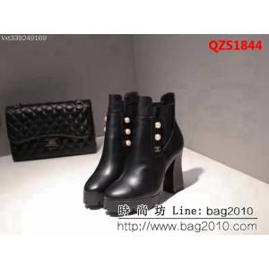 CHANEL香奈兒 小牛皮 高跟厚底 珍珠鬆緊短靴 QZS1844