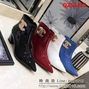 CHANEL香奈兒 代購正品 羊皮拼色中跟短靴 2018新款短筒女靴 QZS2425