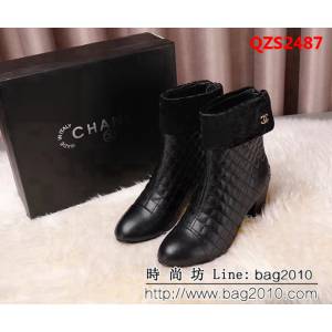 CHANEL香奈兒 2018秋冬新品 牛皮+電繡小方格+進口真絲絨 6寸短靴 QZS2487