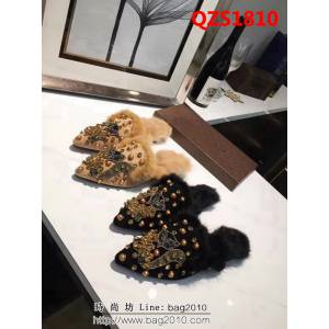GUCCI古馳 升級版 柳釘彩鑽狐狸 時尚毛毛鞋拖 QZS1810
