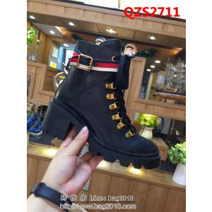 GUCCI古馳 專櫃最新款 系帶粗跟皮帶扣馬丁靴 休閒時尚百搭女靴 QZS2711