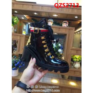 GUCCI古馳 專櫃最新款 系帶粗跟皮帶扣馬丁靴 休閒時尚百搭女靴 QZS2713