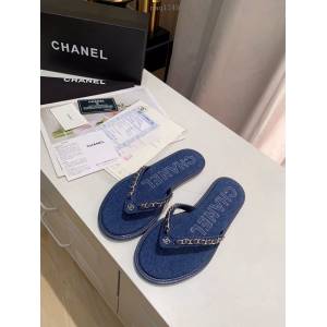 Chanel女鞋 香奈兒2020 春季新款 牛仔鏈條人字拖鞋  naq1249