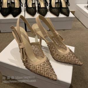 DIOR女鞋 迪奧2021專櫃新款J’ADIOR尖頭涼鞋 Dior網紗燙鑽路跟涼鞋  naq1530