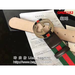 古馳CUCCI 紅綠織布頭層牛皮接頭尾 配純銅扣 百搭休閒款男士皮帶 GHG1182