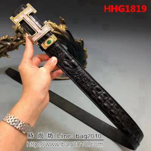 愛馬仕HERMES 純手工美洲鱷魚無拼接 A級完美三頭骨皮 專櫃奢華高端男士皮帶 HHG1819