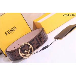 FENDI芬迪 打孔針新款 FD標誌造型寬皮帶 釘扣式帶扣 棕色小牛皮 浮雕手繪FF圖案 男士皮帶  xfp1216