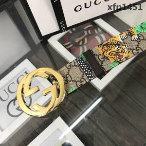GUCCI古馳 官網經典 原單品質 對版孟加拉虎面料 咖啡色牛皮底 雙G拋光亮面扣 男士皮帶  xfp1451