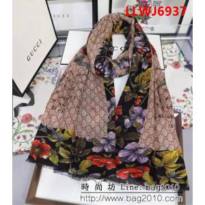 GUCCI古馳海外原版 logo花紋圖案羊絨長圍巾 LLWJ6937
